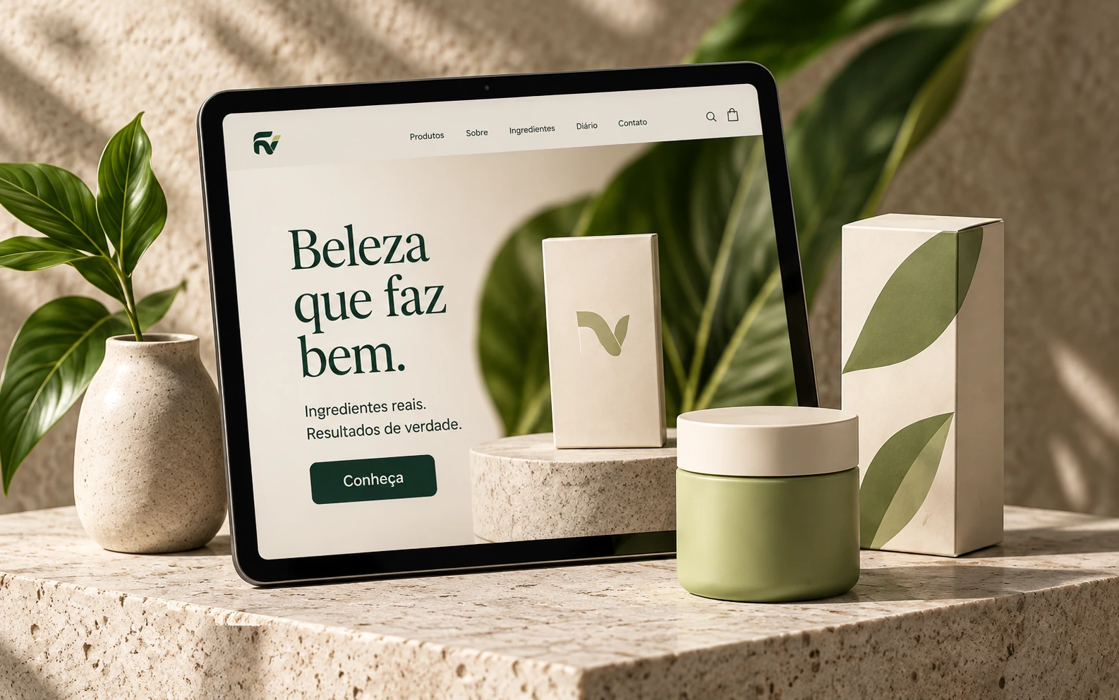 Conceito de identidade e loja de cosméticos naturais apresentado em uma embalagem e um tablet.