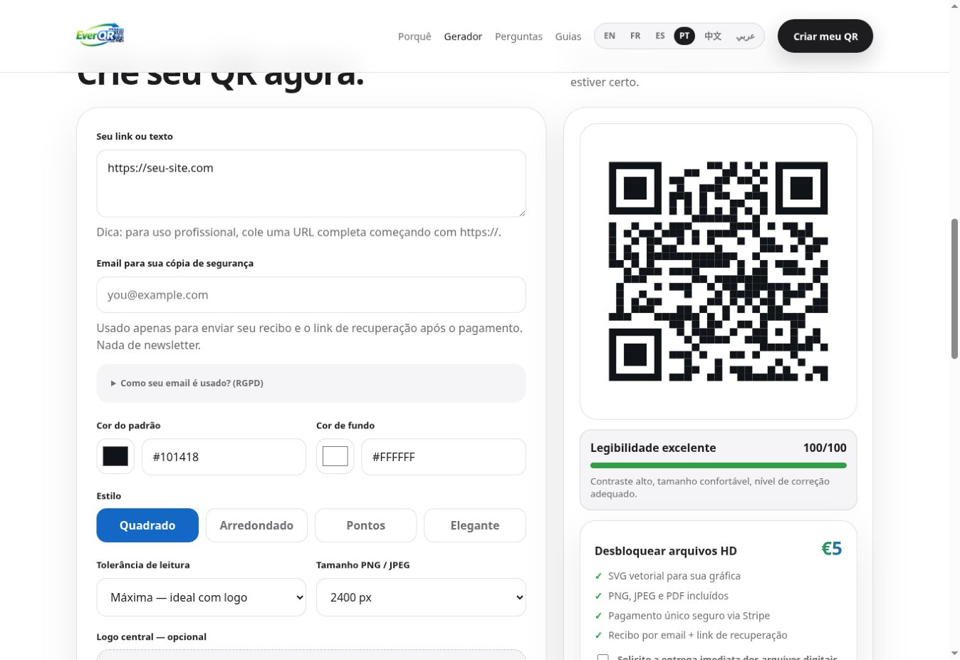 Detalhe da interface — Ever QR