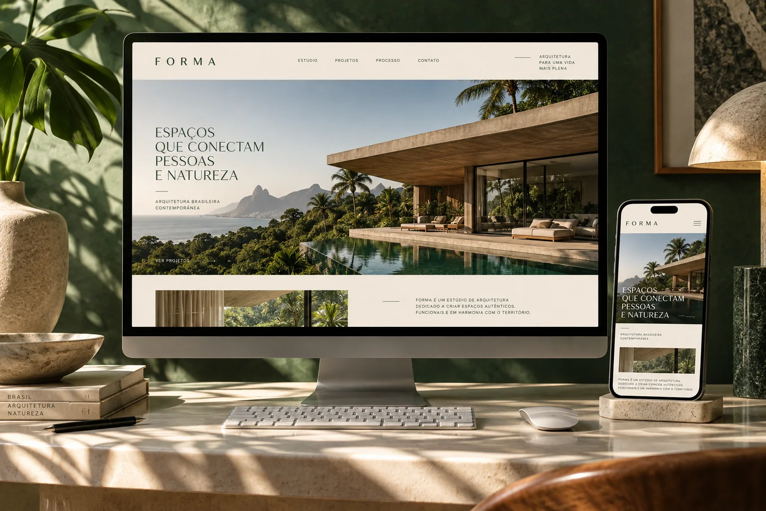 Interface de arquitetura em desktop e celular — conceito ilustrativo